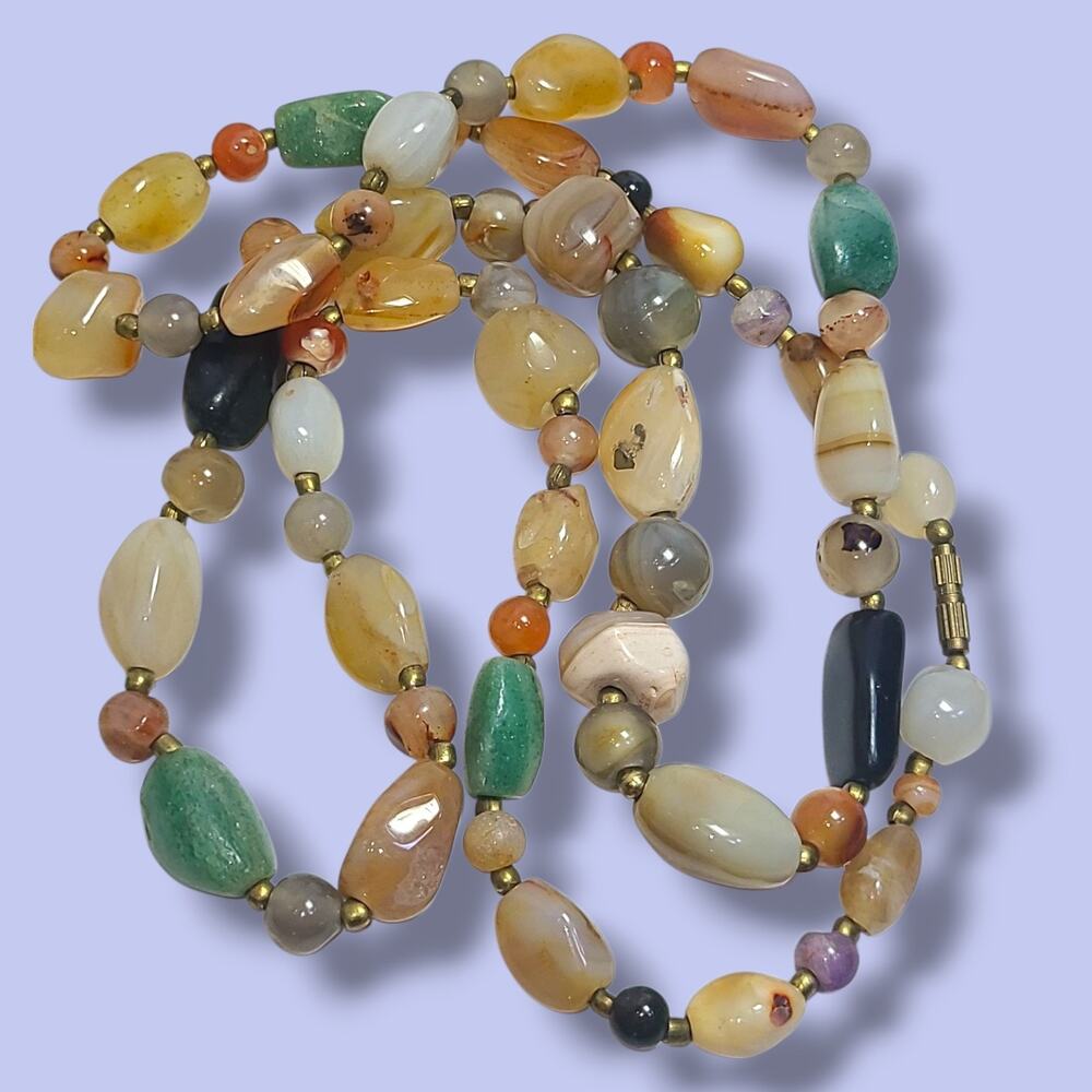 Vintage Mixed Gemstone Beggar Bead Necklace 35"